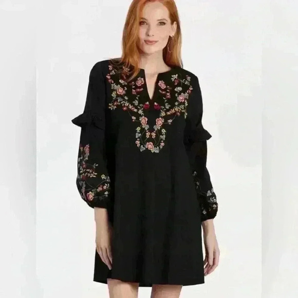 Braeve Black Embroidered Boho Floral Ruffle Split Neck Dress Womens Size Medium - Picture 12 of 13